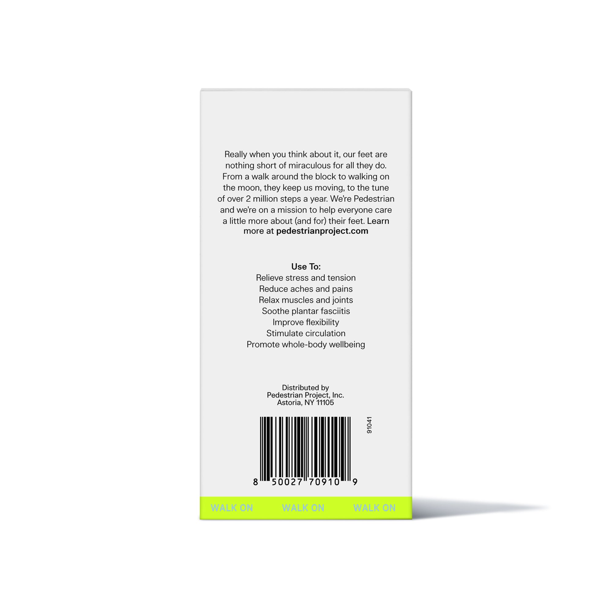 Back panel of Foot Massage Ball packaging feature recommended usage instructions, UPC and brand statement