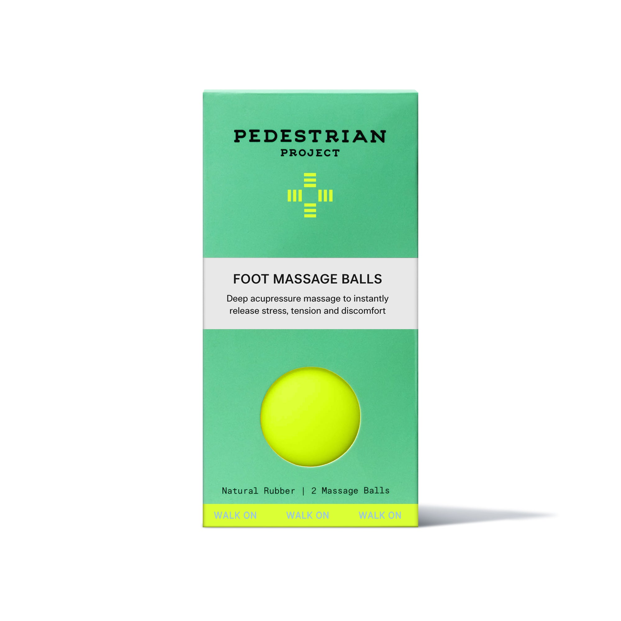 Front of Foot Massage Ball box showing image of packaging with benefit claim on label "deep acupressure massage to instantly release stress, tension and discomfort"