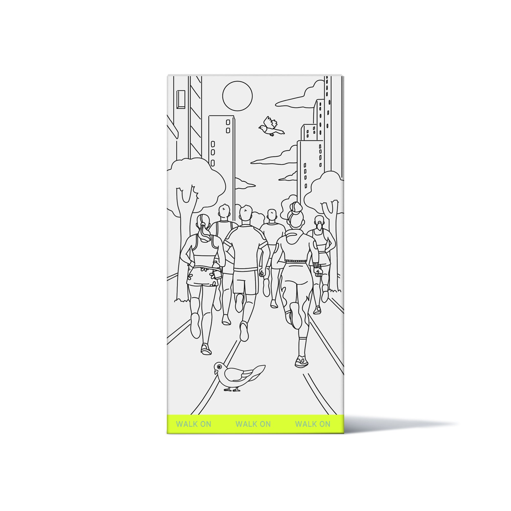 Side panel of Foot Massage Ball packaging featuring hand drawn illustration of running group running through a city street with pigeon in the foreground