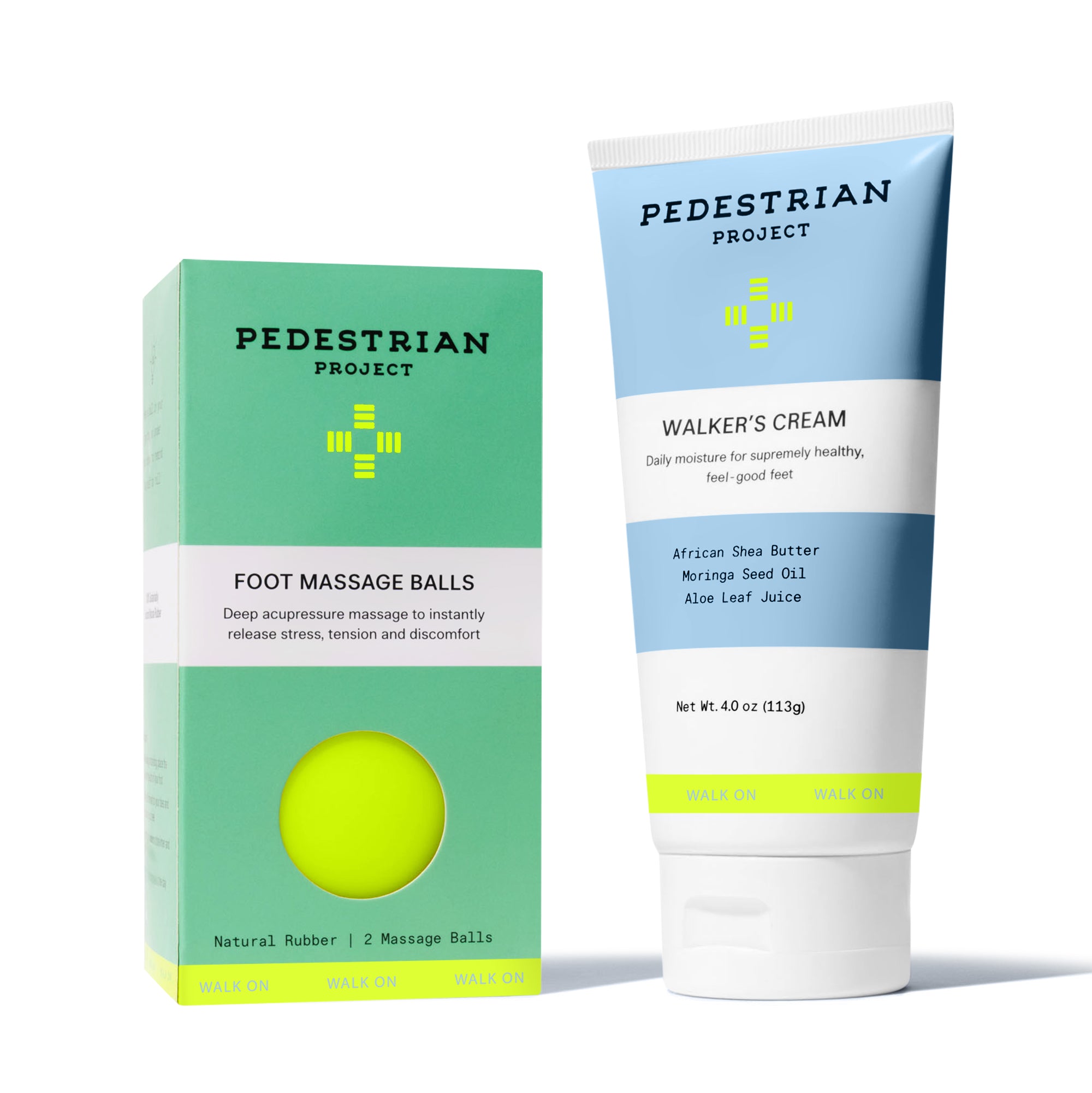 Pedestrian Project Foot Massage Balls and Walker's Cream on a white background