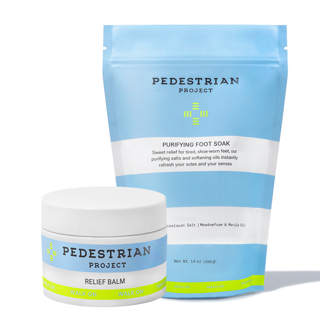 Pain Relief foot care duo on white background. Includes Relief Balm and Purifying Foot Soak