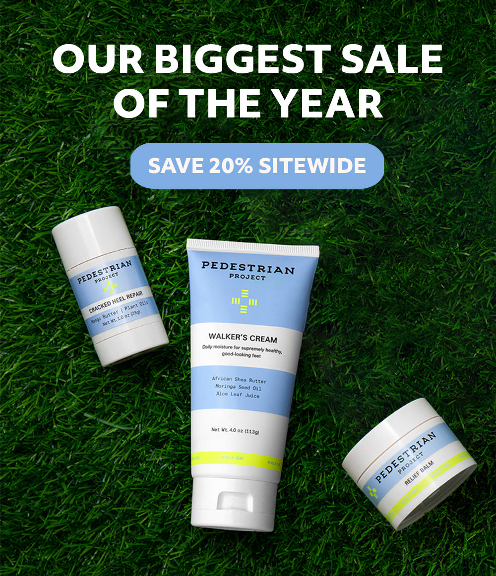 Pedestrian Walker's Cream, Cracked Heel Repair and Relief Balm on grass with headline "Our Biggest Sale of the Year" underneath a "Save 20% Sitewide" button 