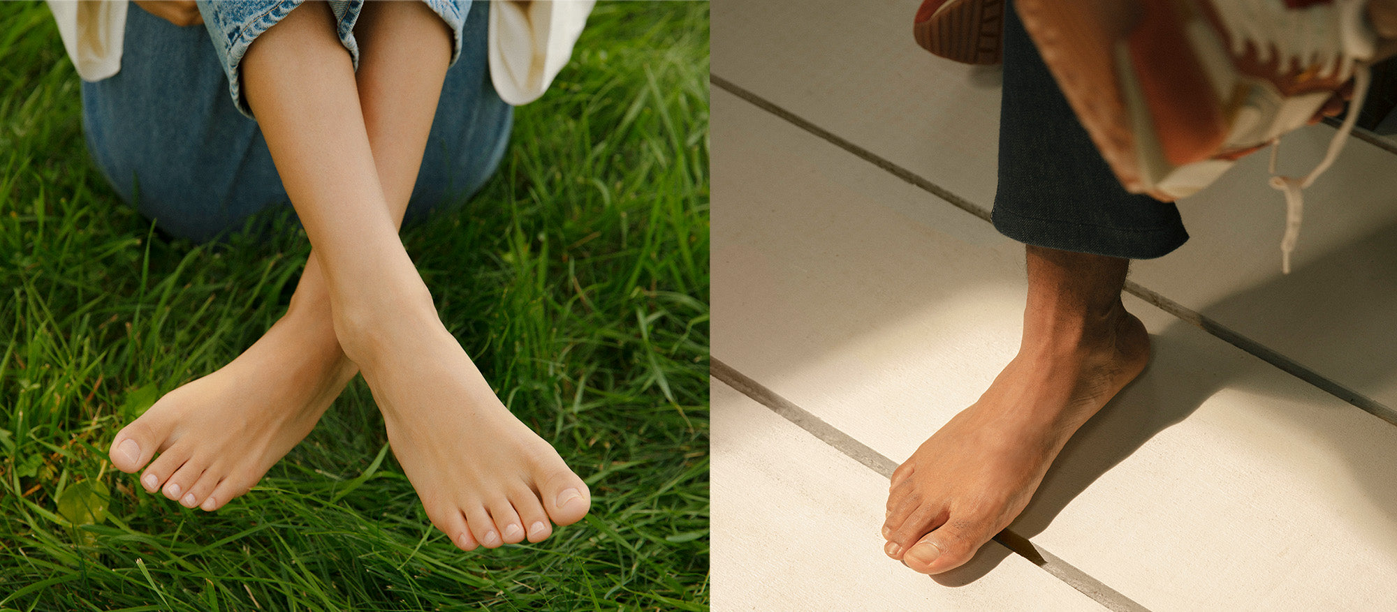 A photo of a healthy pair of bare feet in the grass next to a photo of someone barefoot putting on a sneaker