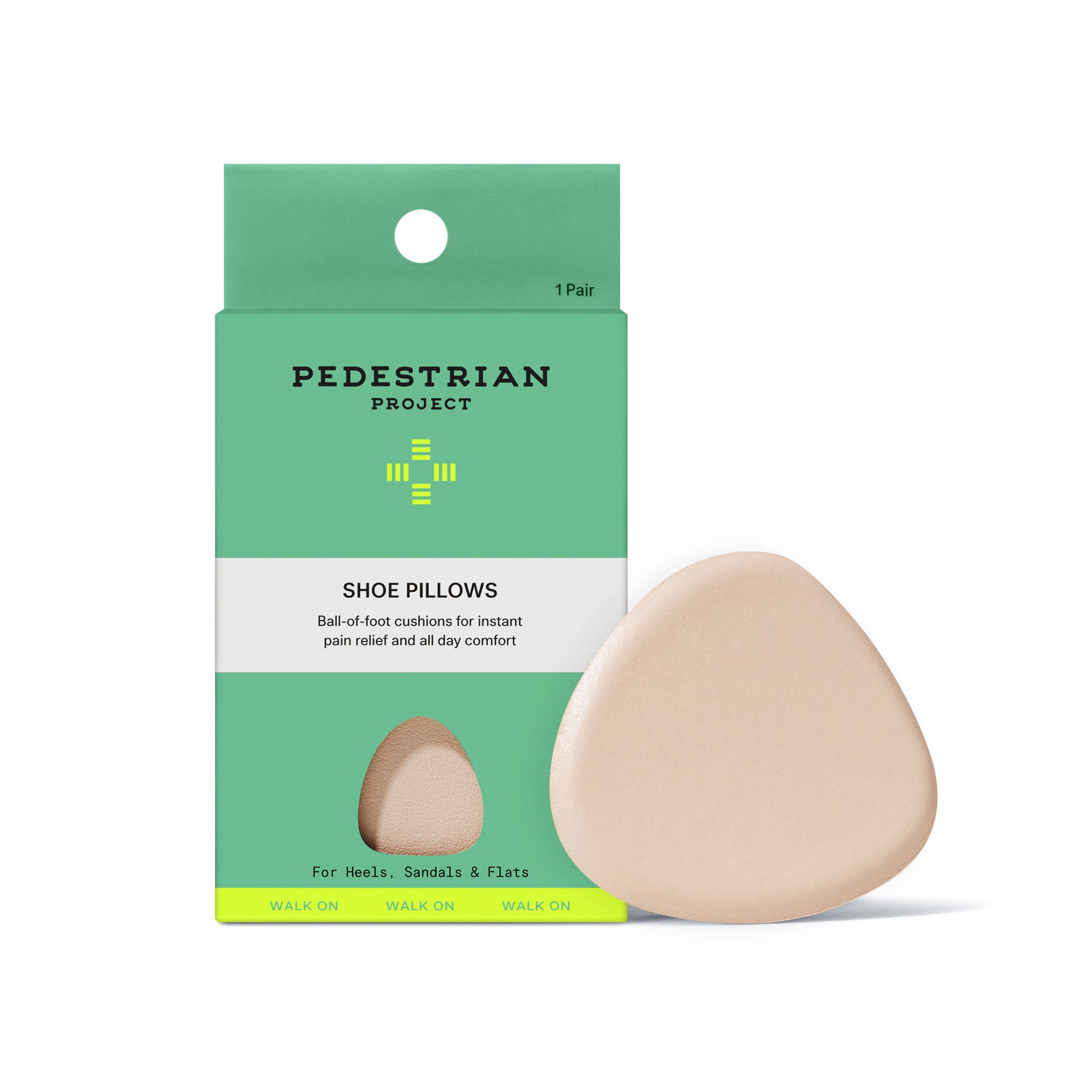 Pedestrian Shoe Pillows ball-of-foot cushions front of packaging alongside an individual shoe pillow on a white background