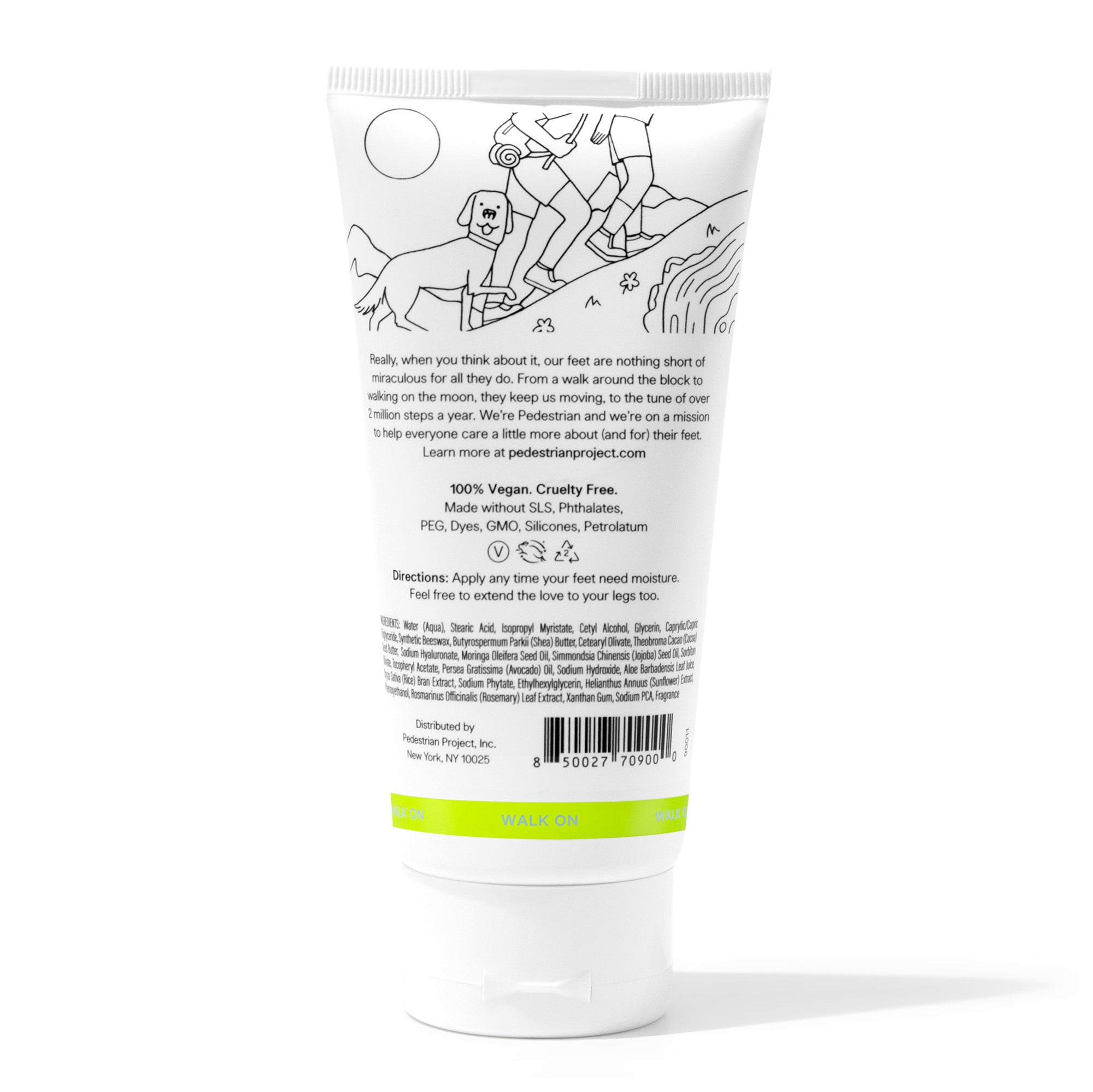 Back view of Pedestrian Project Walker's Cream tube with text and illustrations on a white background