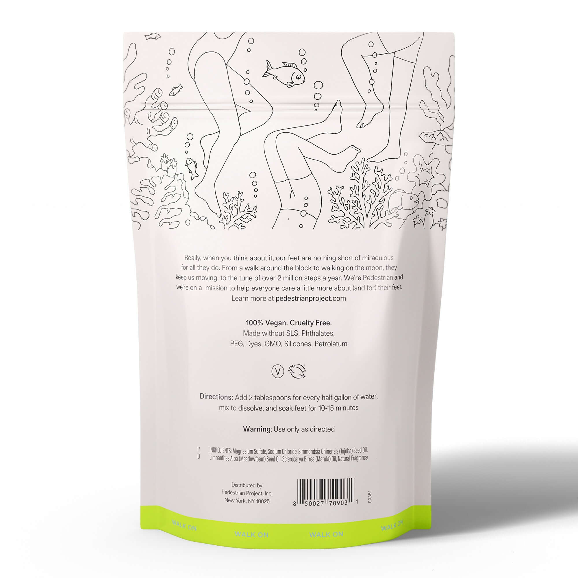 Back of Purifying Foot Soak bag on white background showcasing illustration of various legs and feet swimming underwater