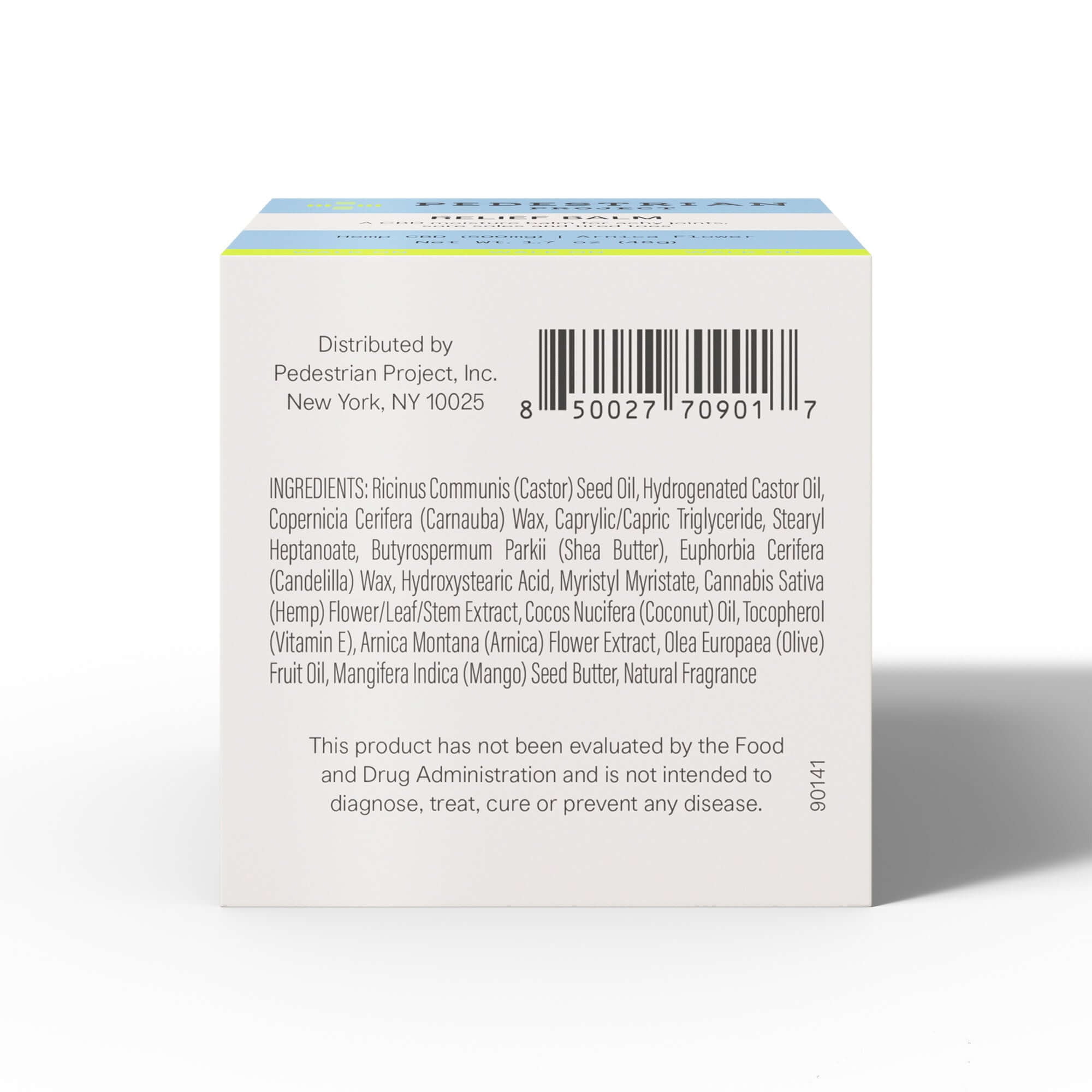 Bottom of Relief Balm carton on white background including UPC and ingredient list